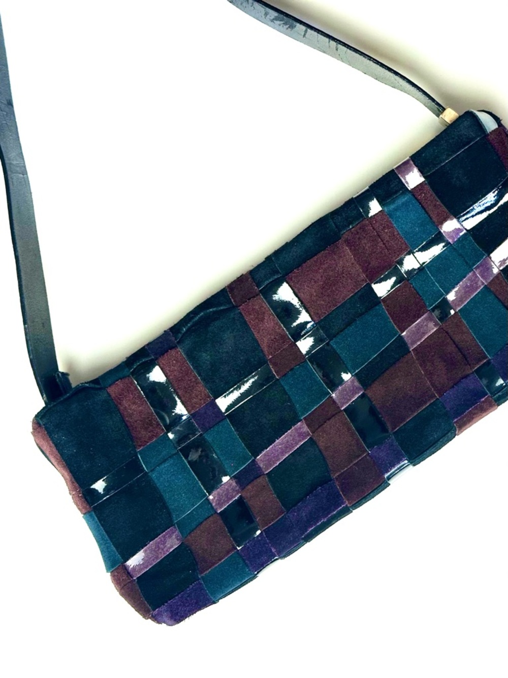 Francesco Biasia Woven Leather Patchwork Shoulder Bag in Black, Purple & Blue - Picture 5 of 11